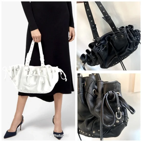 Anne Fontaine Studded Leather Drawstring Black Handbag Purse Rocker Biker BDSM - Picture 1 of 7
